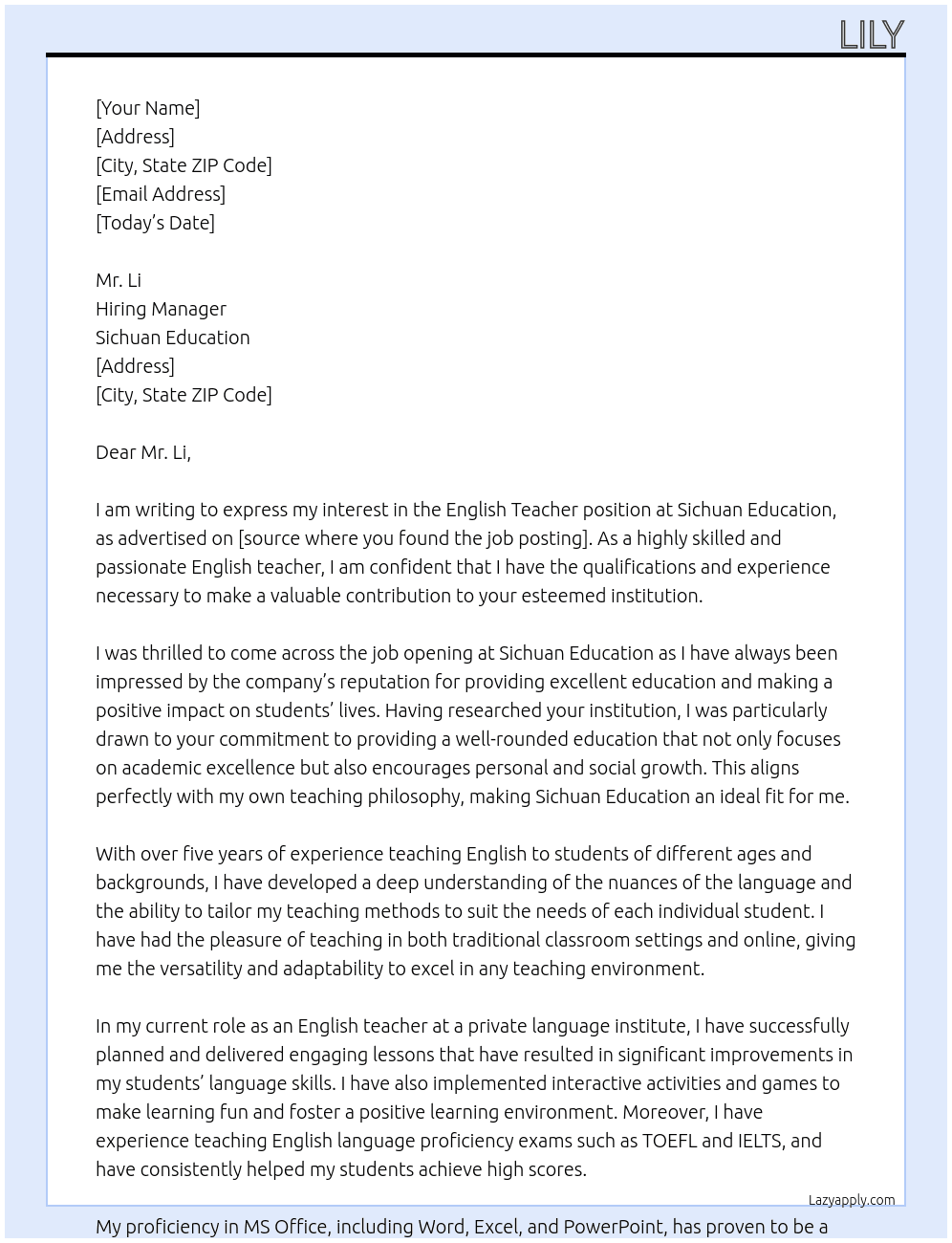 english teacher At Sichuan Education Cover Letter
