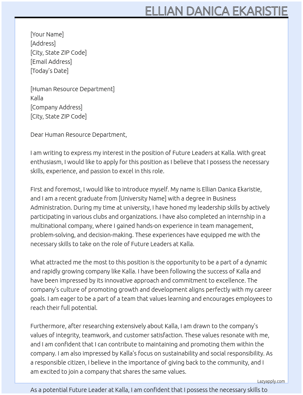 Future Leaders At Kalla Cover Letter