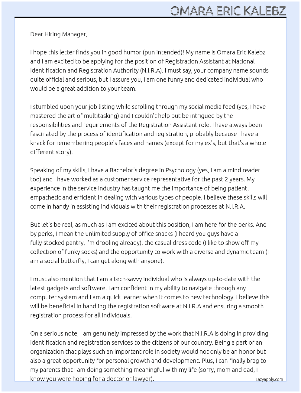 Registration Assistant At National Identification and Registration Authority (N.I.R.A) Cover Letter