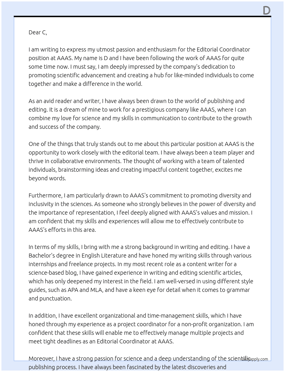 Editorial coordinator At AAAS Cover Letter
