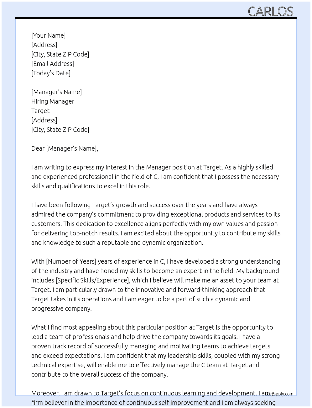 Maneger At Target  Cover Letter