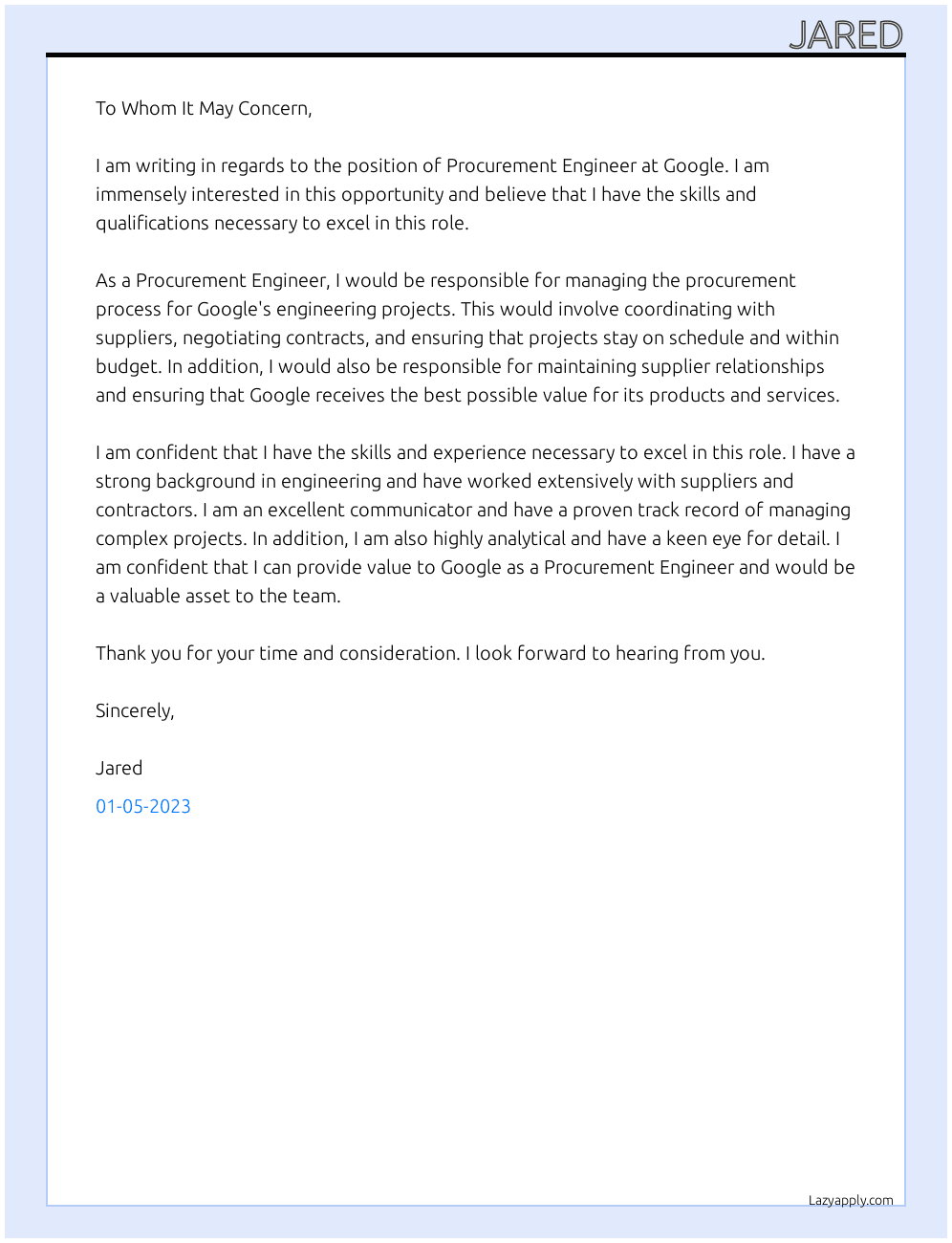 Procurement Engineer At Google Cover Letter