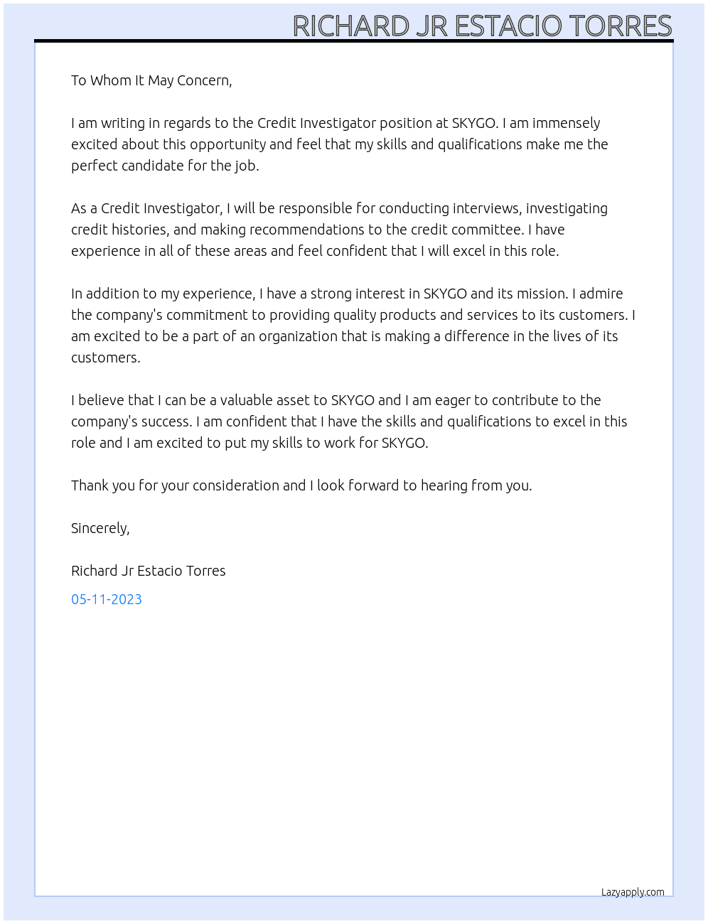 Credit investigator At SKYGO Cover Letter