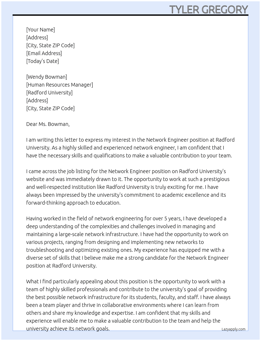 Network Engineer At Radford University Cover Letter