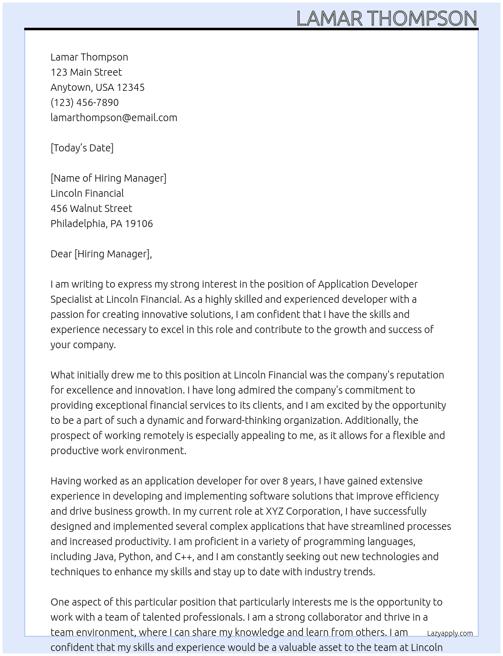 Application Developer Specialist (Remote) At Lincoln Financial Cover Letter