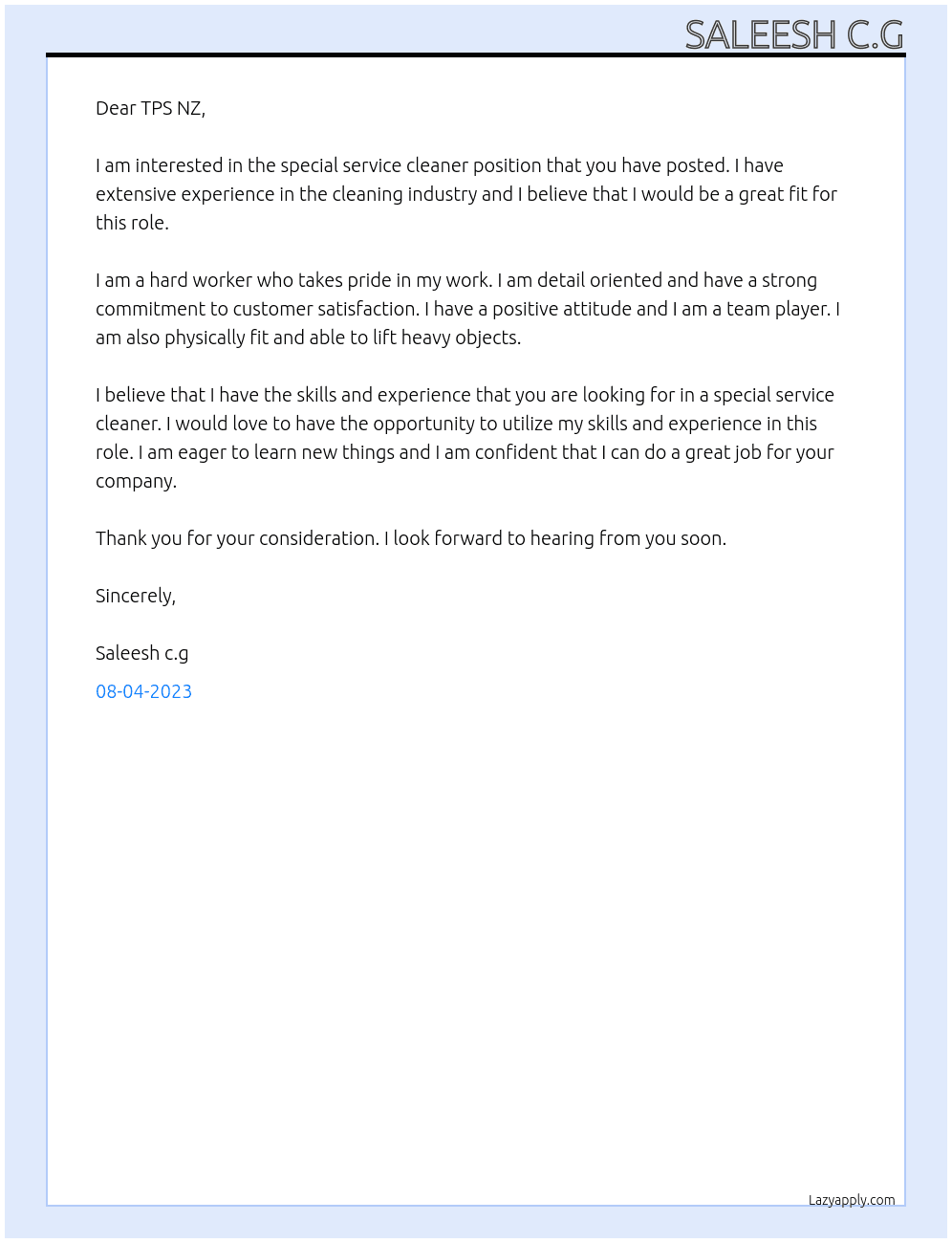 Special service cleaner At TPS NZ Cover Letter