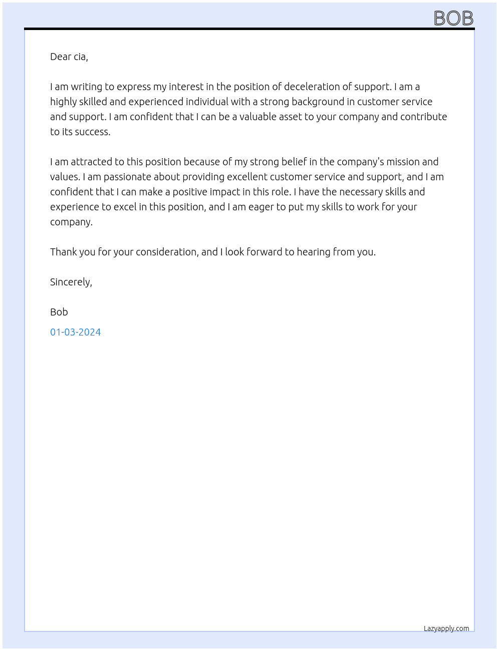 deceleration of support At cia Cover Letter