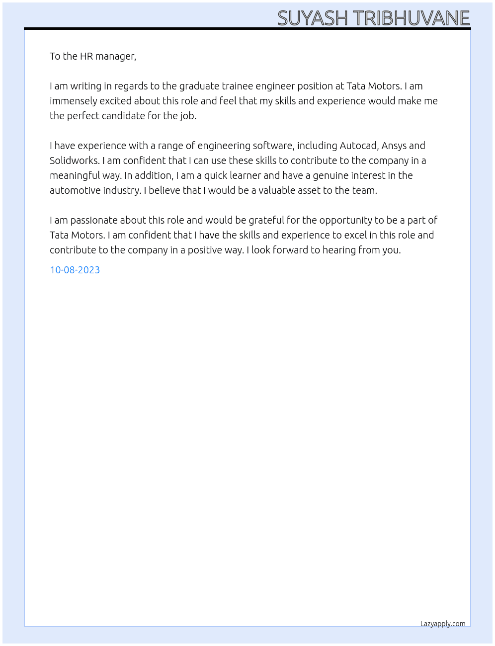 GRADUATE TRAINEE ENGINEER At Tata Motors Cover Letter