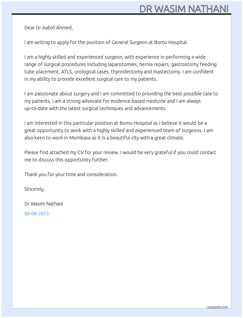 General surgeon  At Bomu Hospital  Cover Letter