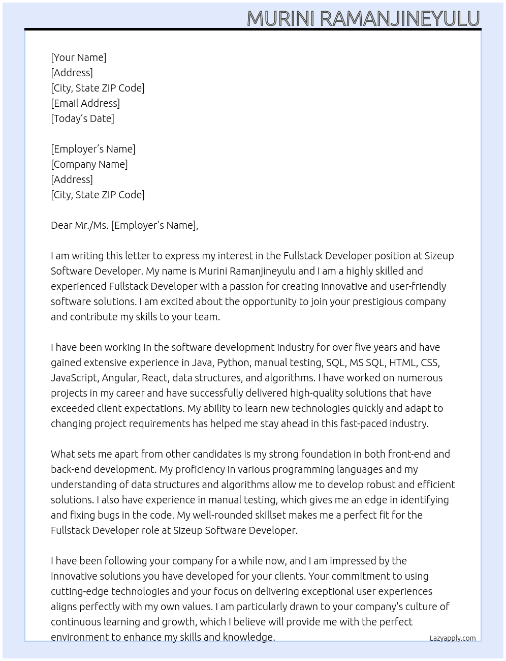 FUllstack developer At sizeup software developer Cover Letter