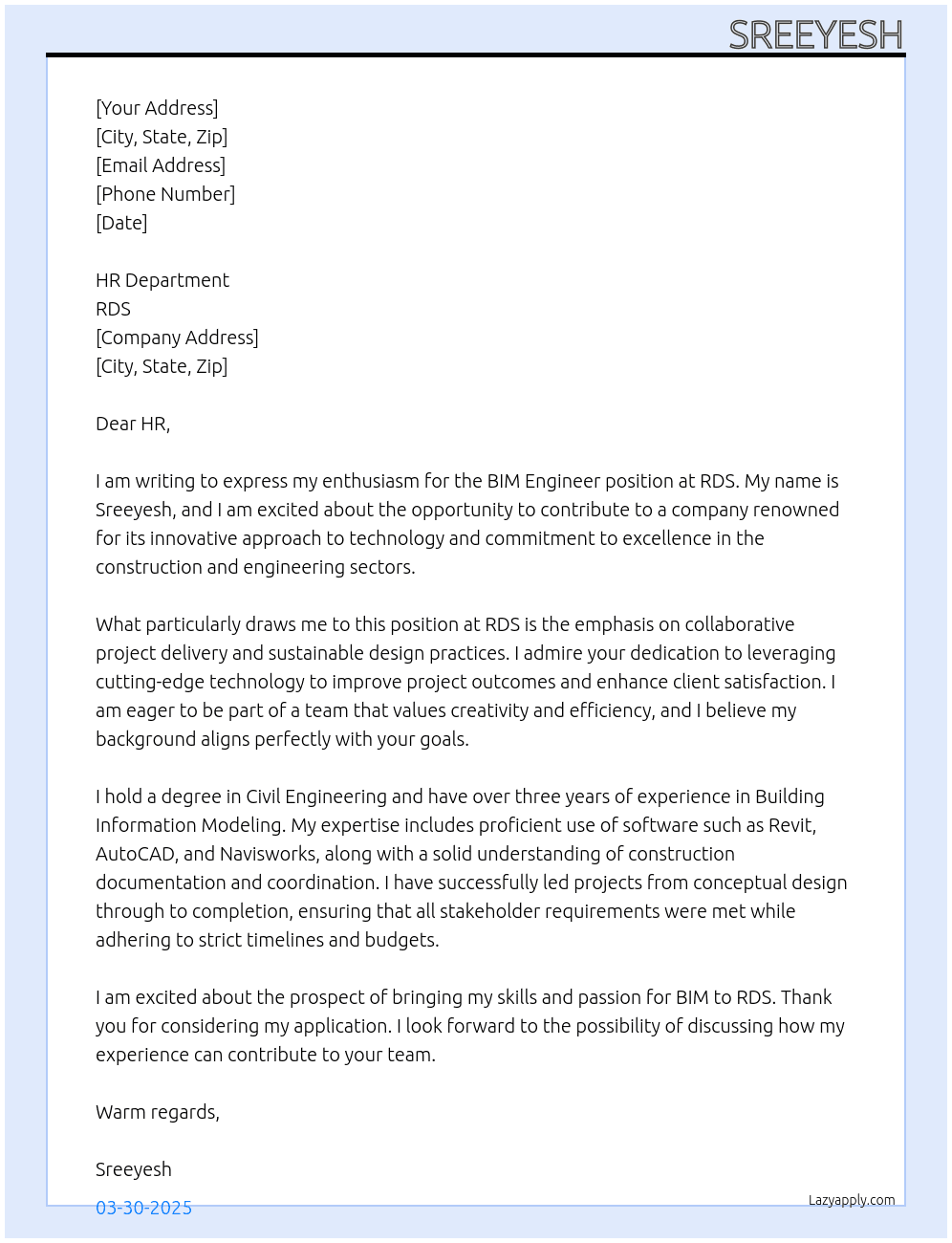 bim engineer At rds Cover Letter