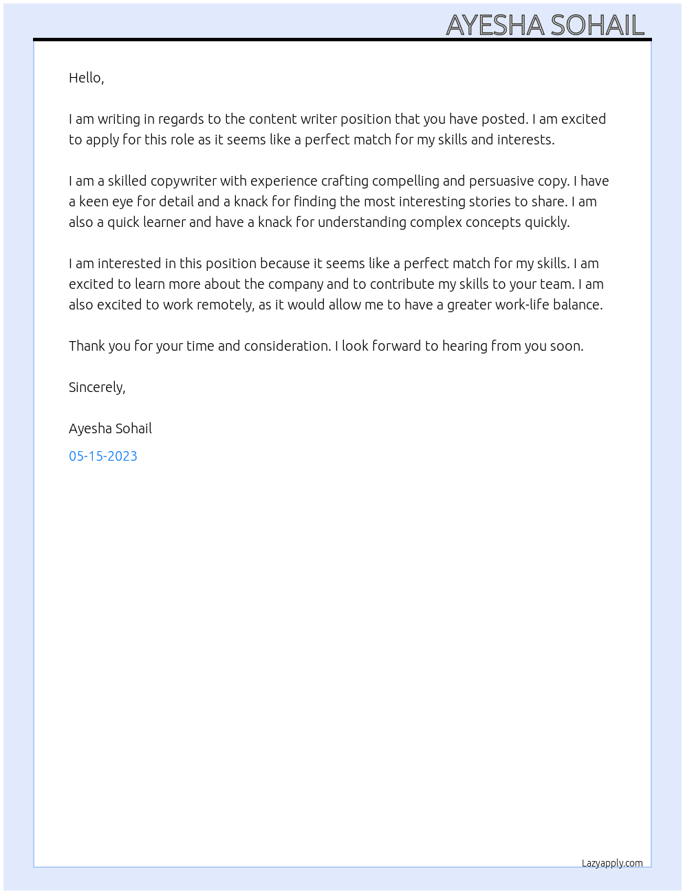 Content Writer At this gig Cover Letter