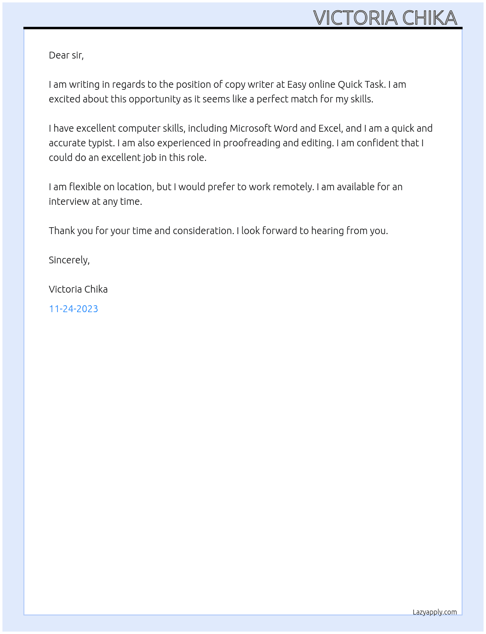 Copy writer  At Easy online Quick Task Cover Letter