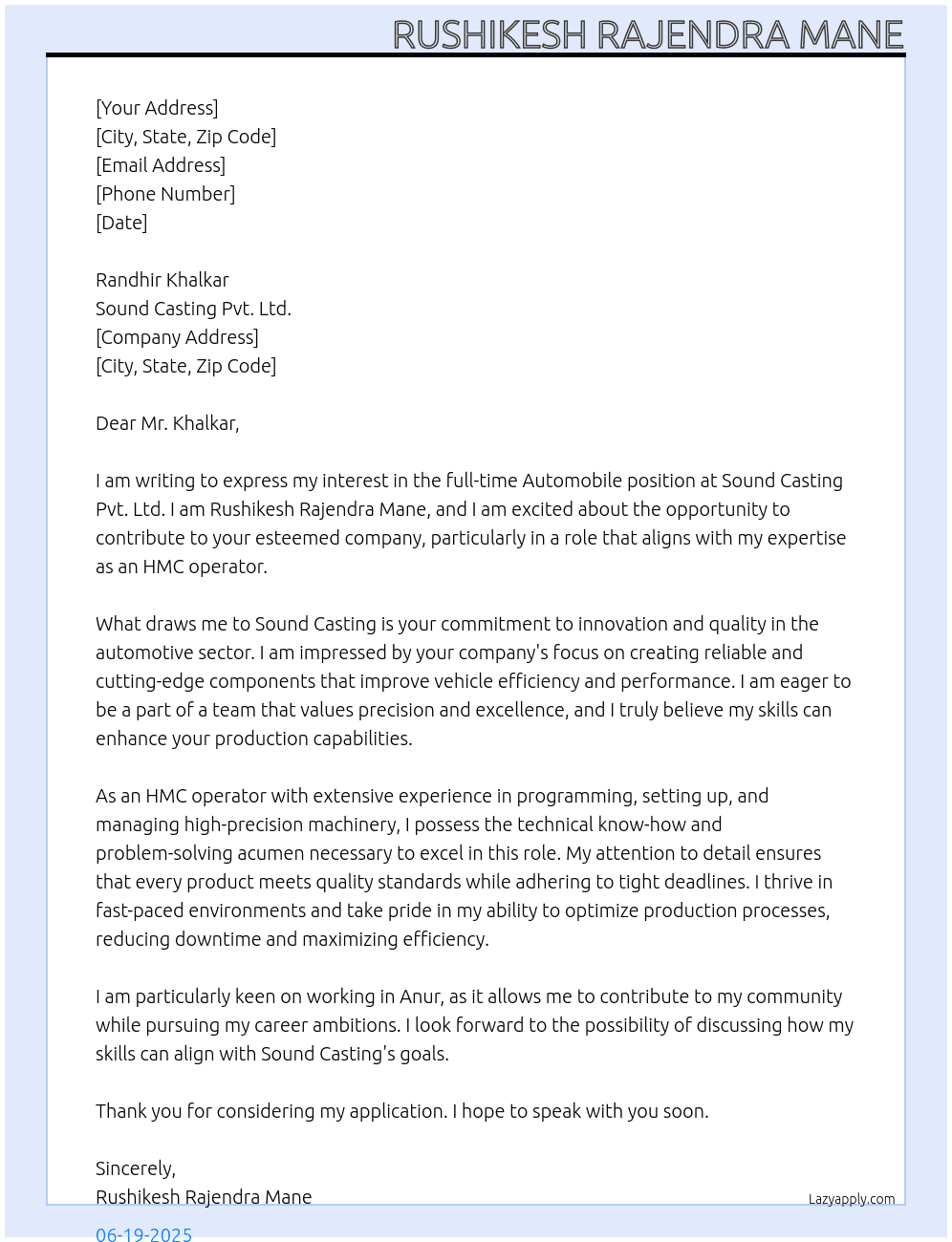 Automobile At Sound cating Pvt ltd Cover Letter