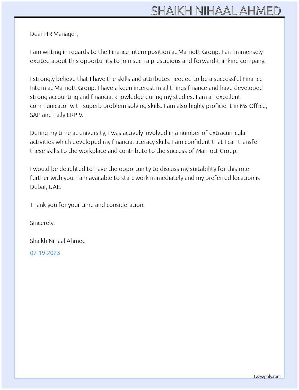 Finance intern  At Marriott Group  Cover Letter