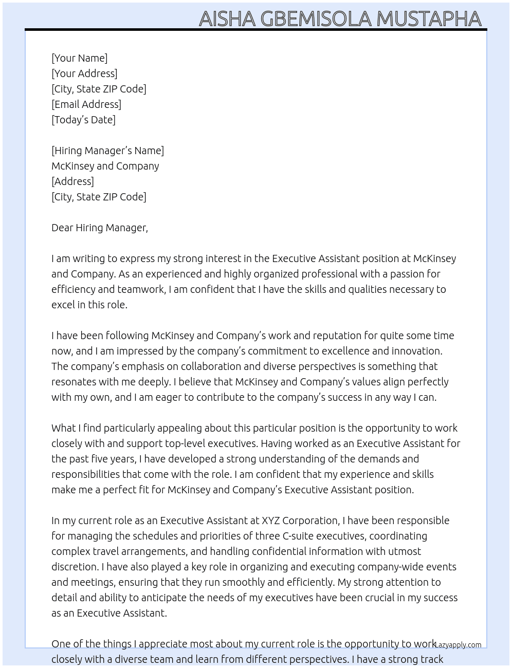 Executive Assistant  At McKinsey and Company Cover Letter