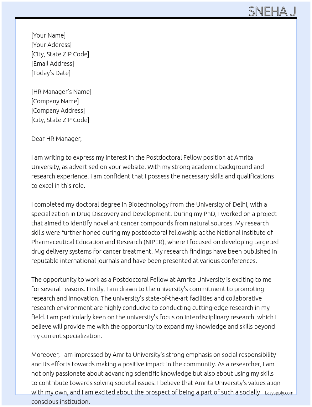 Postdoctoral fellow  At Amrita University  Cover Letter
