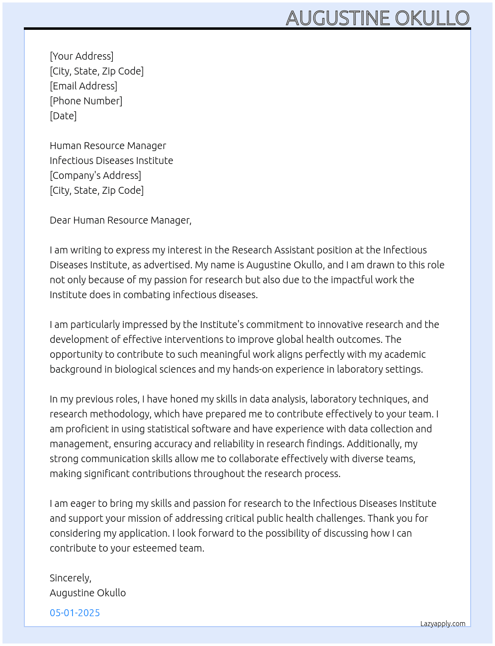 Research Assistant At Infectious Diseases Institute Cover Letter