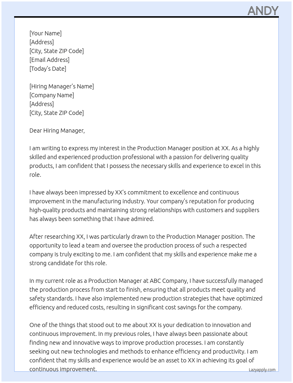 Production Manager At XX Cover Letter