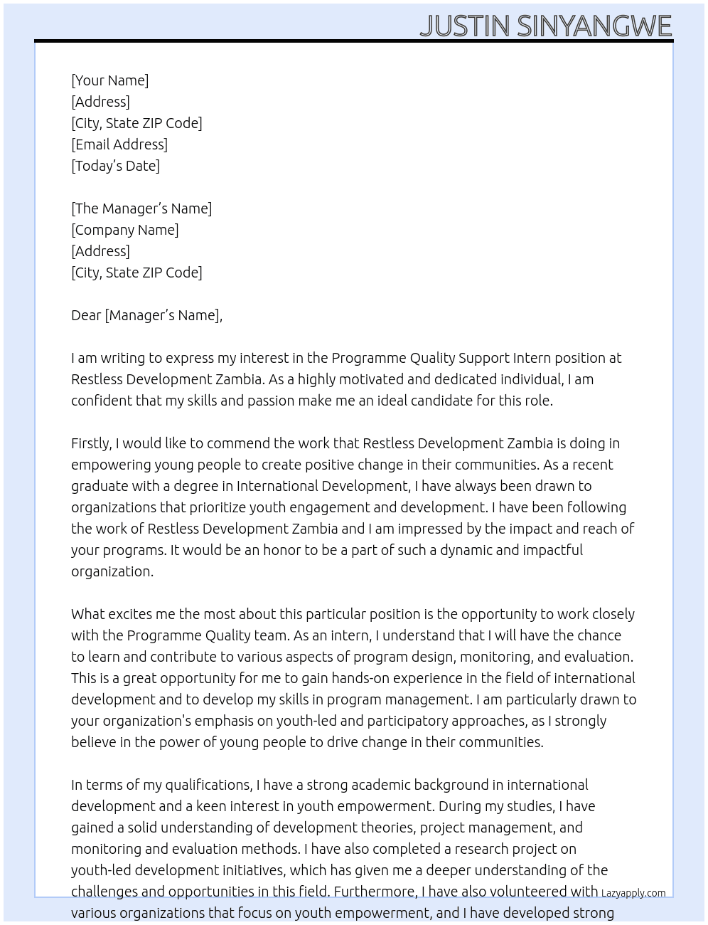 Programme Quality Support Intern  At Restless Development Zambia  Cover Letter