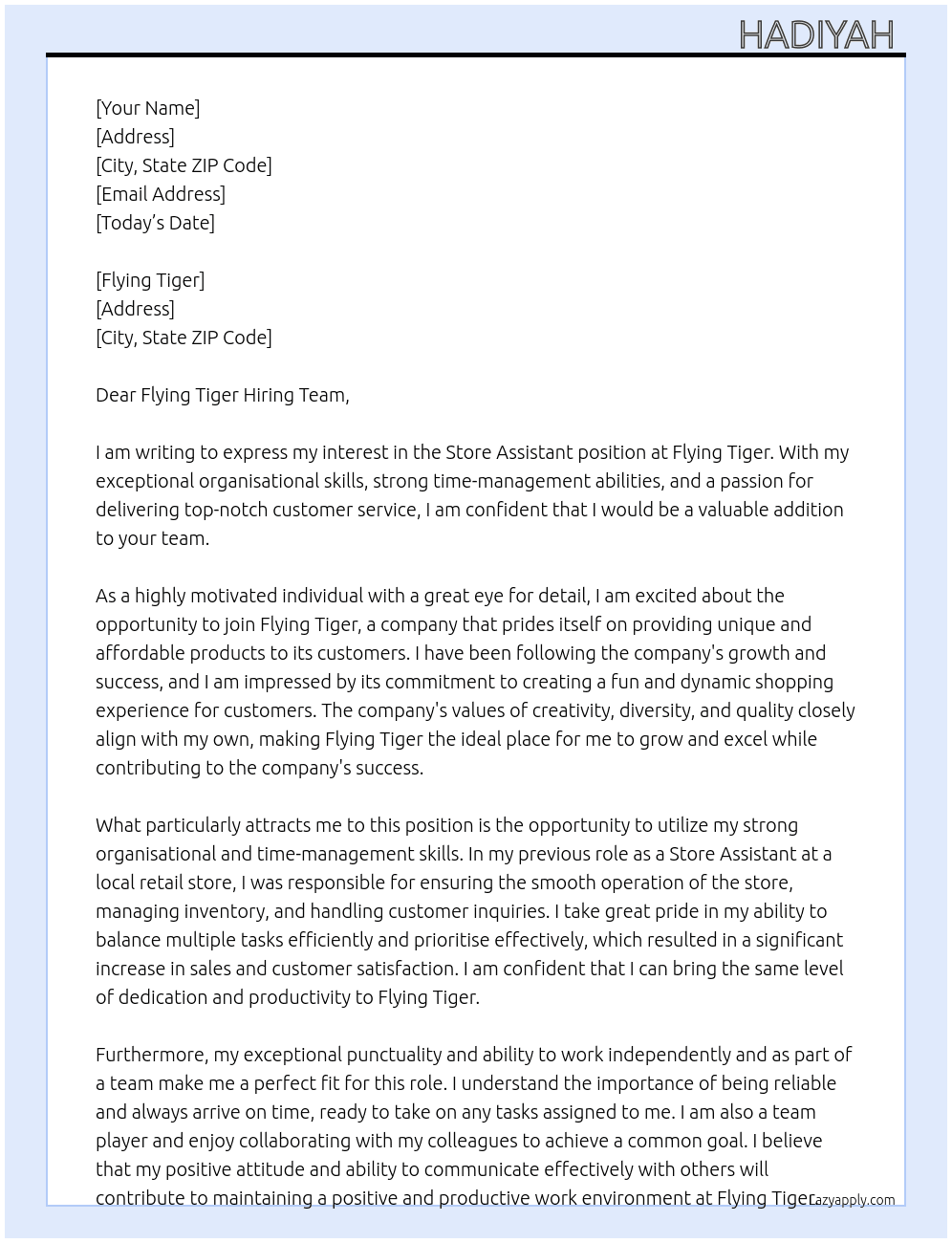 Store assistant  At Flying tiger  Cover Letter