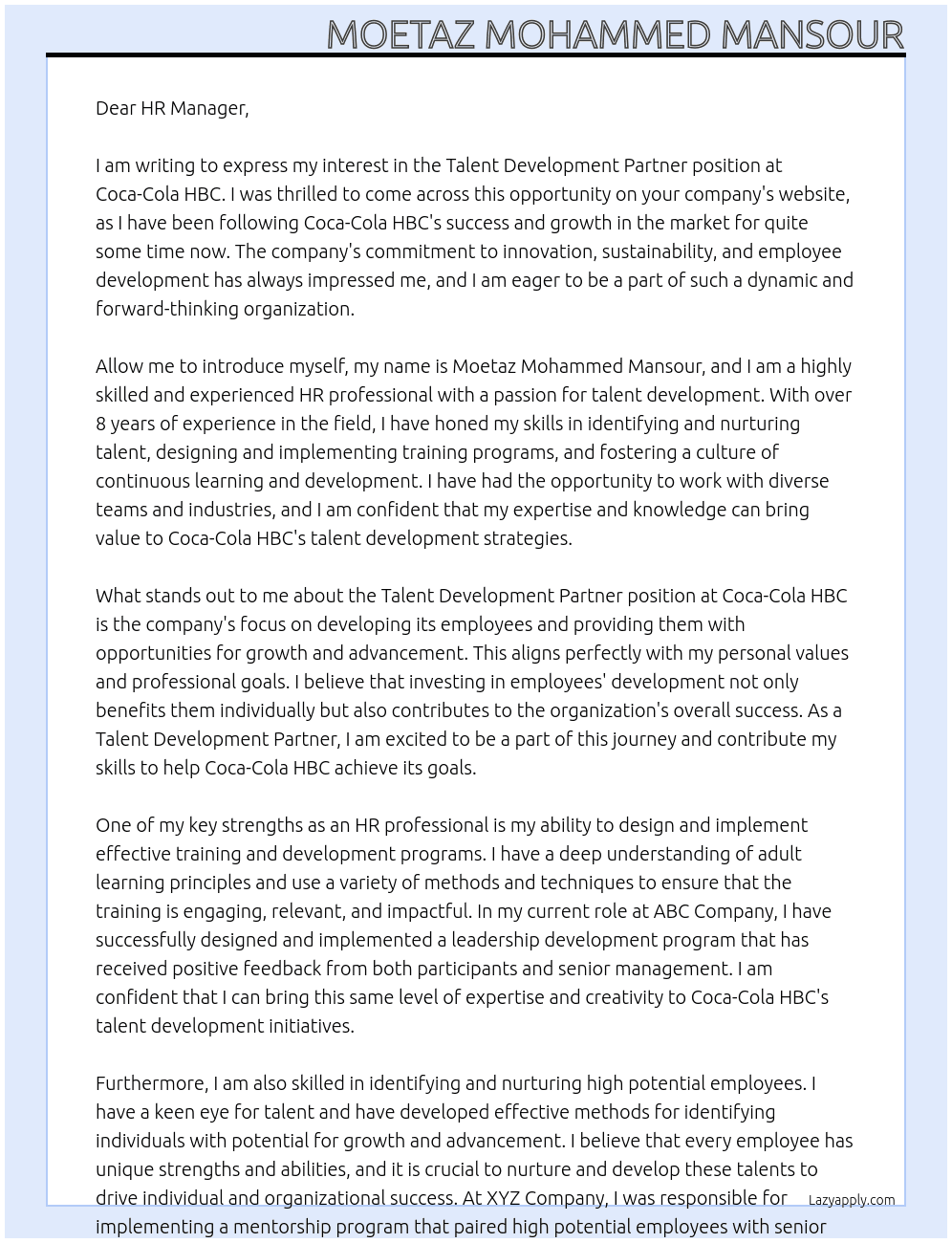 Talent Development Partner At Coca-ColacHBC Cover Letter
