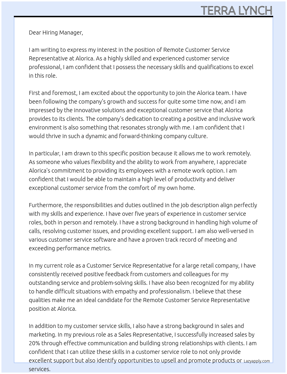 Remote Customer Service Representative At Alorica Cover Letter