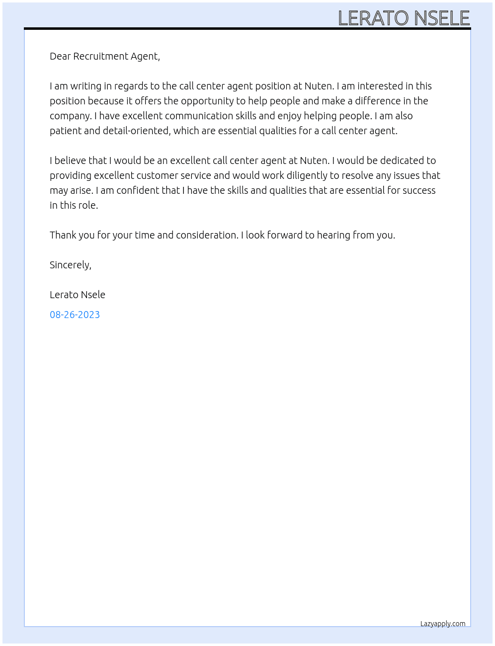 Call center agent  At Nuten Cover Letter