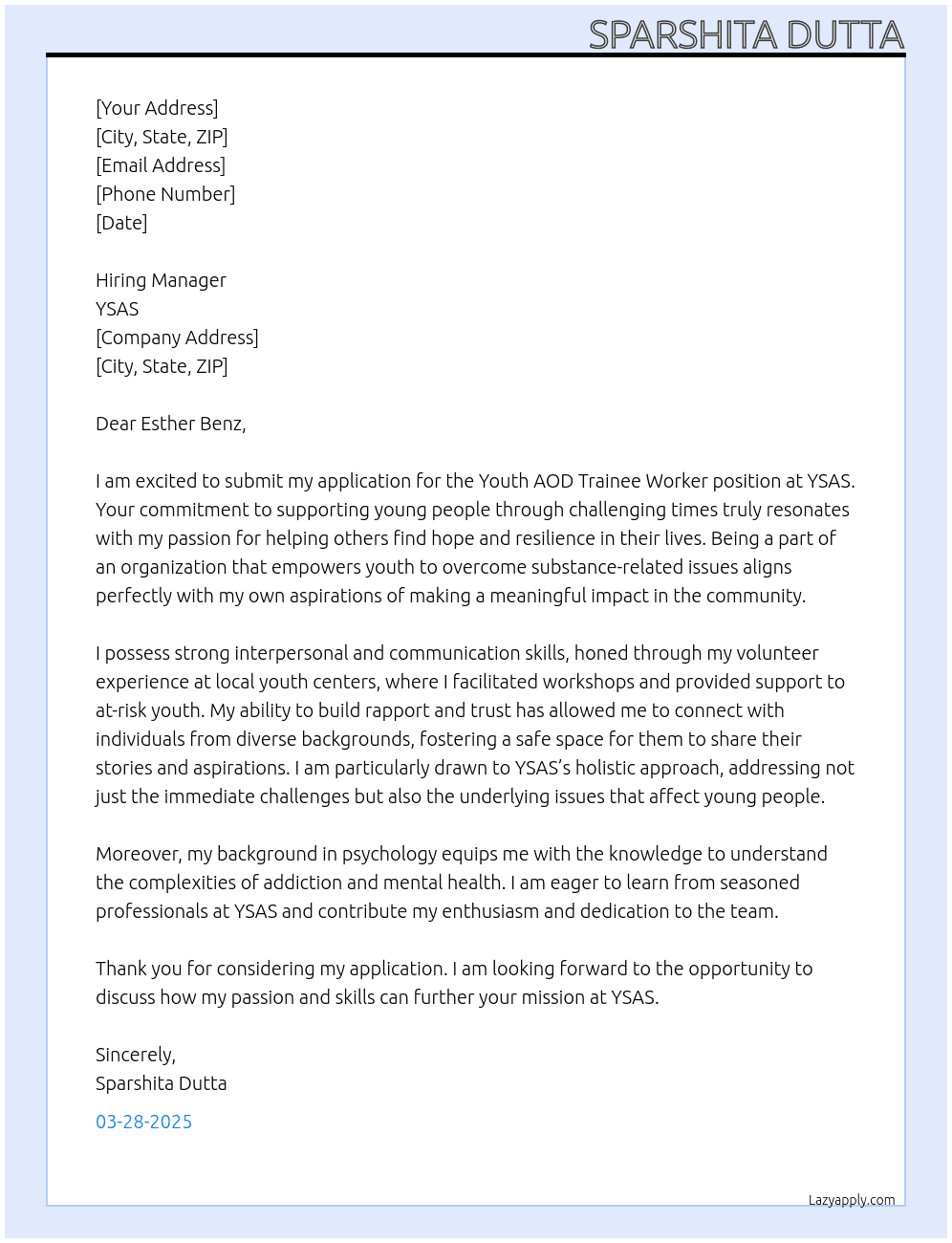  Youth AOD Trainee Worker At YSAS Cover Letter