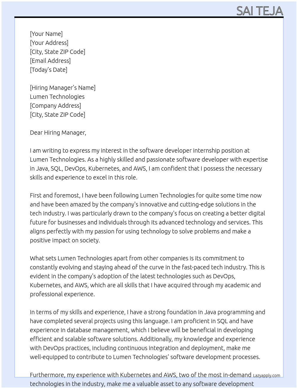 software developer At Lumen Technologies Cover Letter