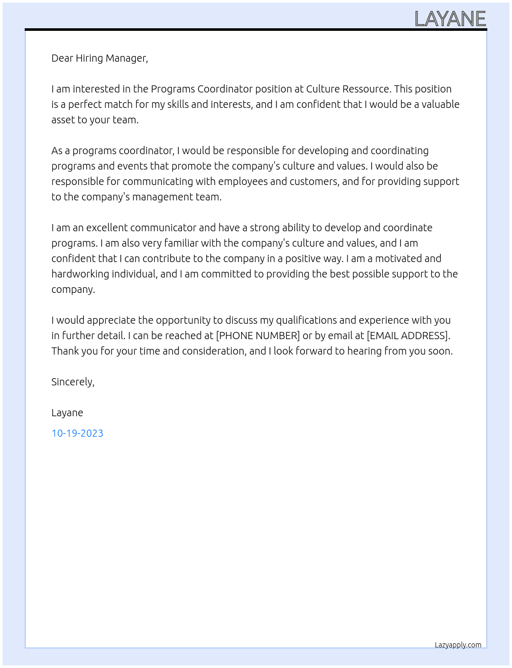 Programs Coordinator At Culture Ressource Cover Letter