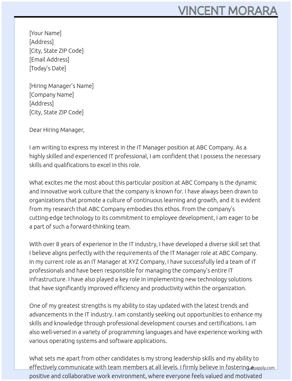 IT manager At abc company Cover Letter