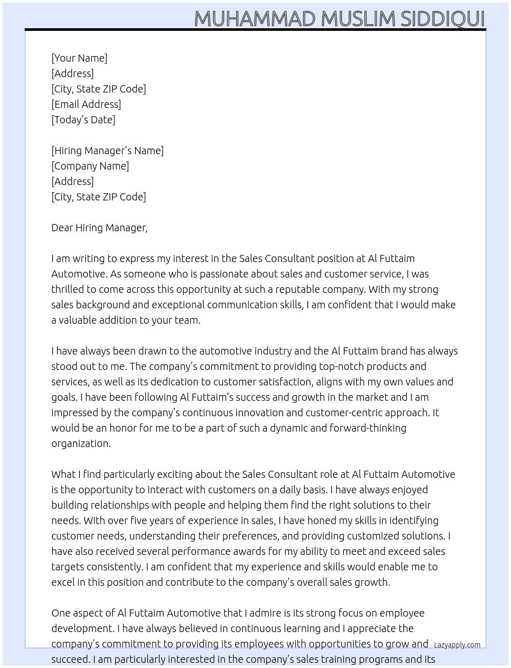 Sales Consultant At Al Futtaim Automotive Cover Letter
