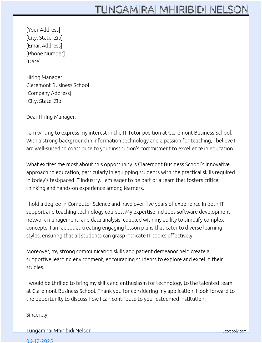 IT Tutor At Claremont Business School Cover Letter