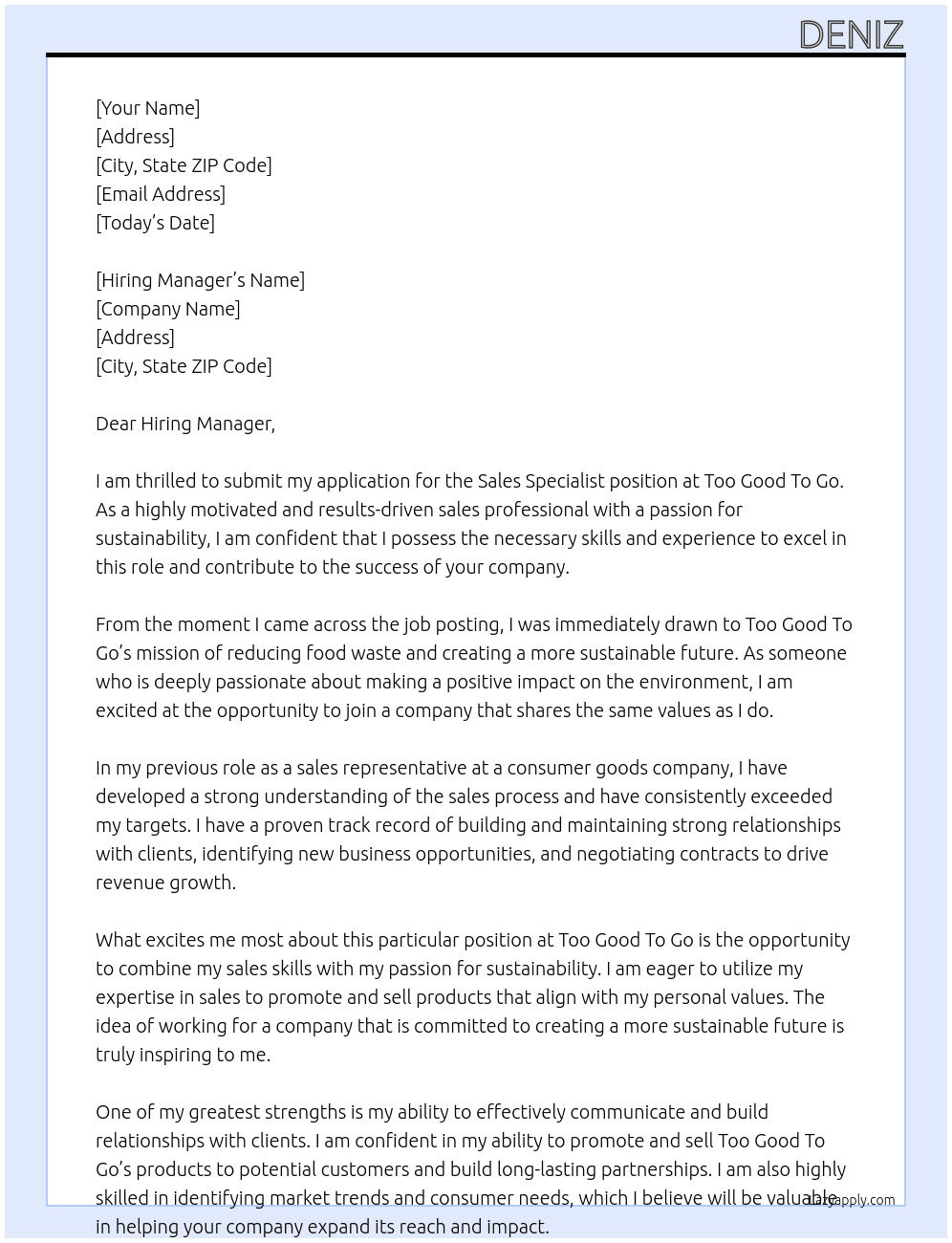 SALES SPECIALIST At Too Good To Go Cover Letter