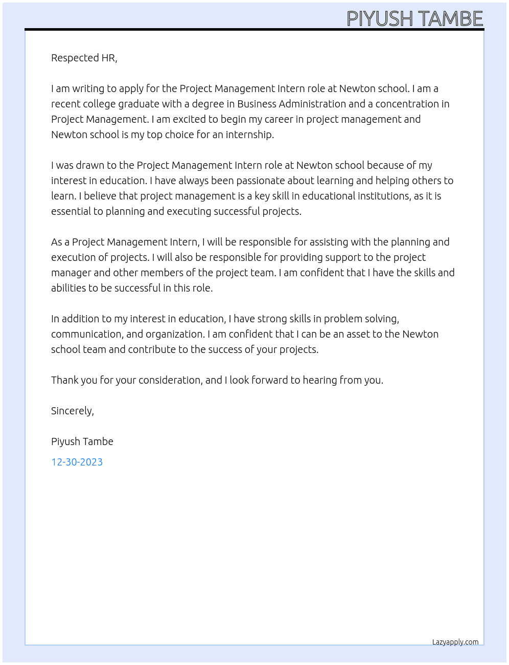 Project management intern At Newton school Cover Letter