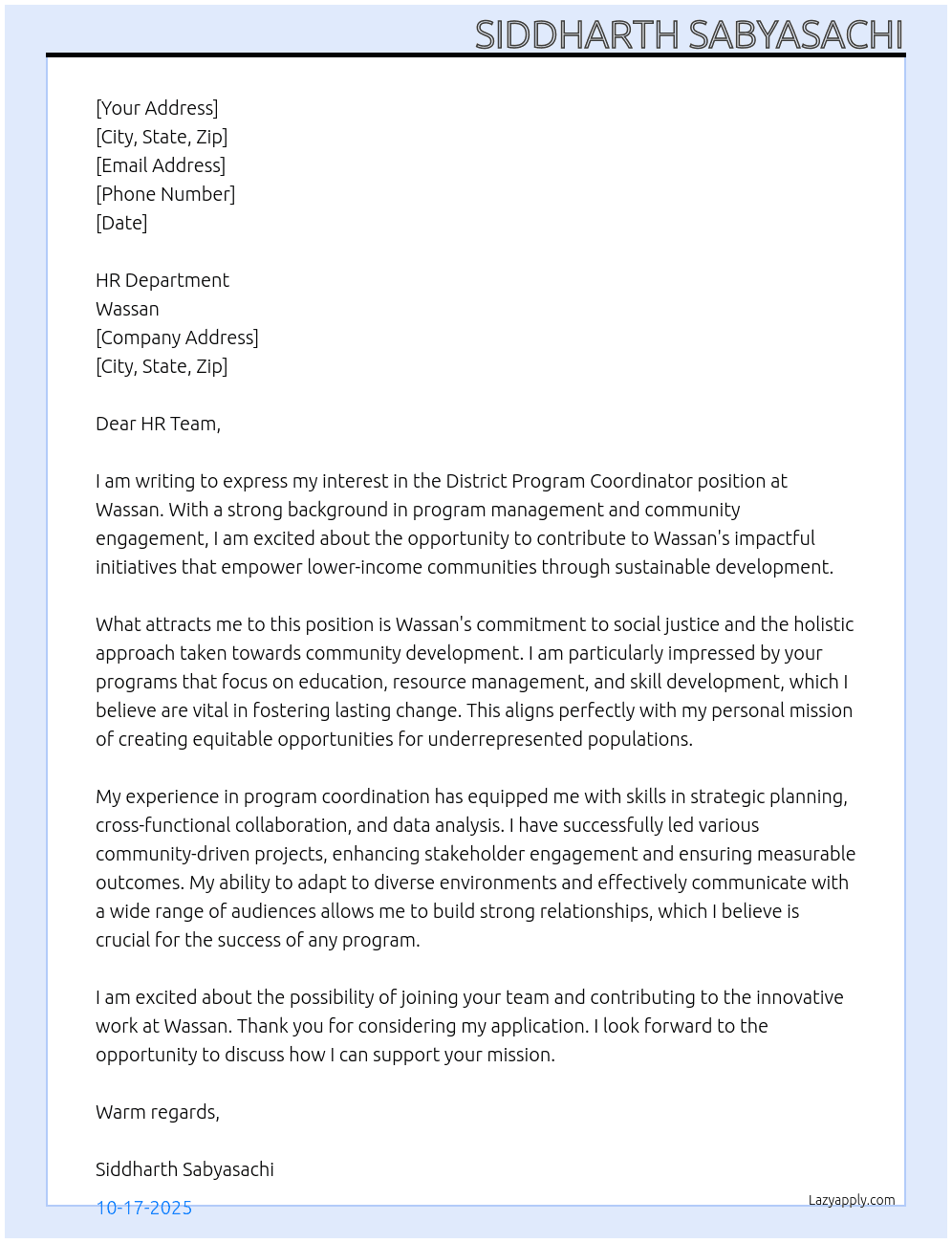 District program coordinator  At Wassan Cover Letter