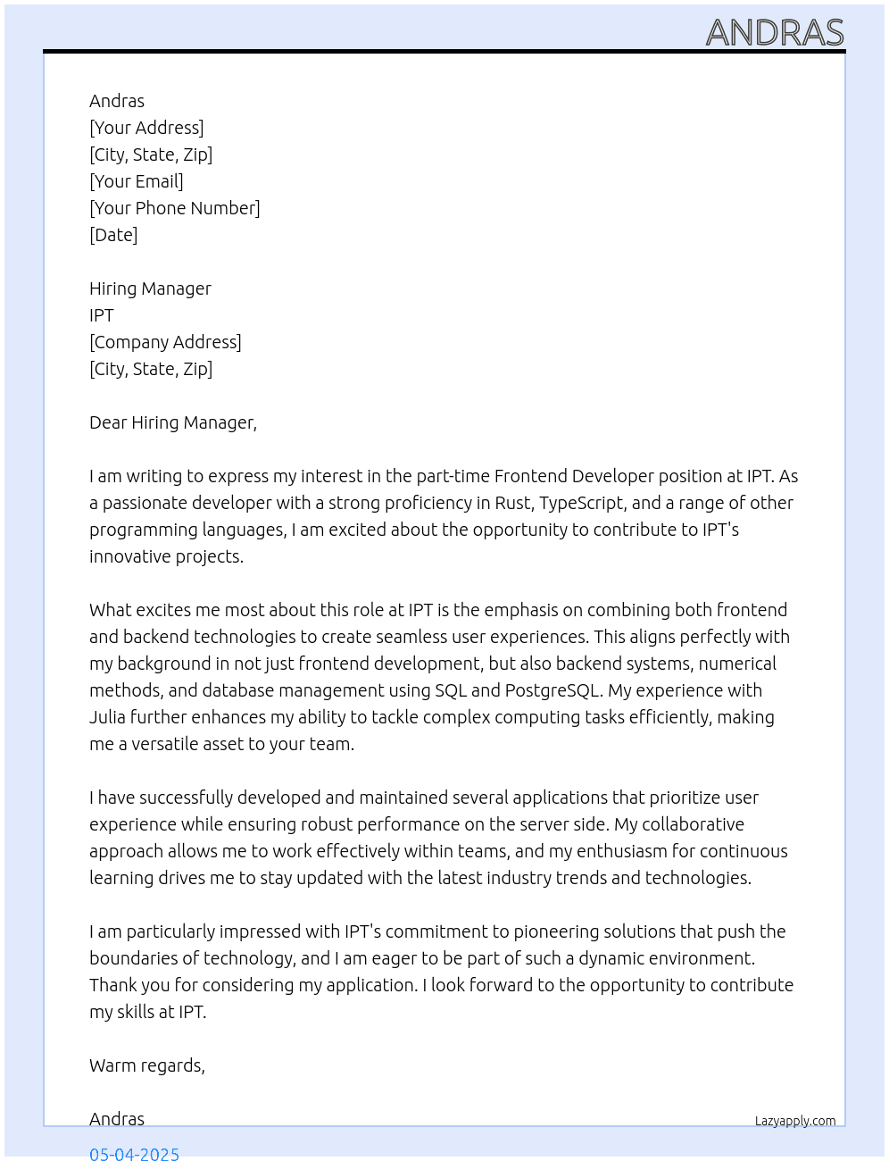 frontend developer At ipt Cover Letter