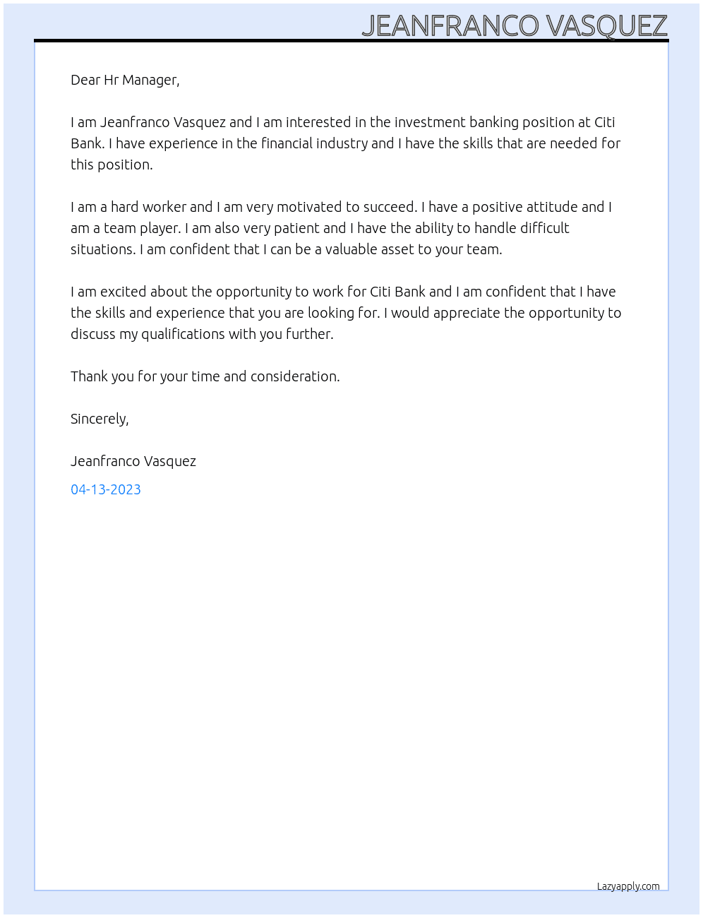 Investment banking At Citi Bank Cover Letter