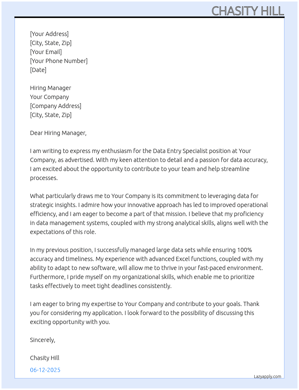 Data Entry Specialist At Your Company Cover Letter