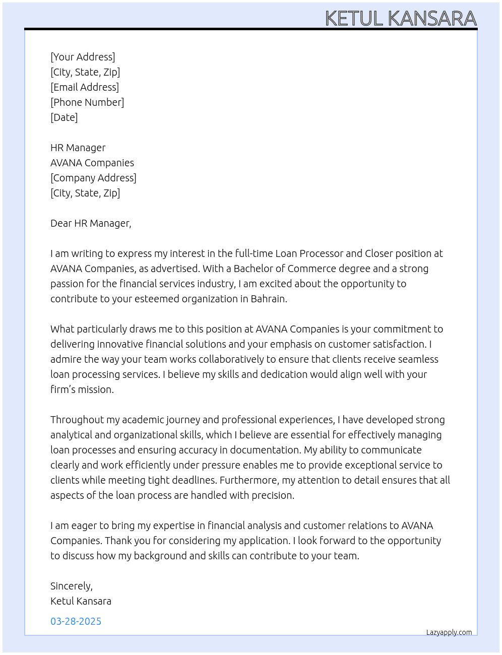 Loan processor and closer  At AVANA COMPANIES  Cover Letter