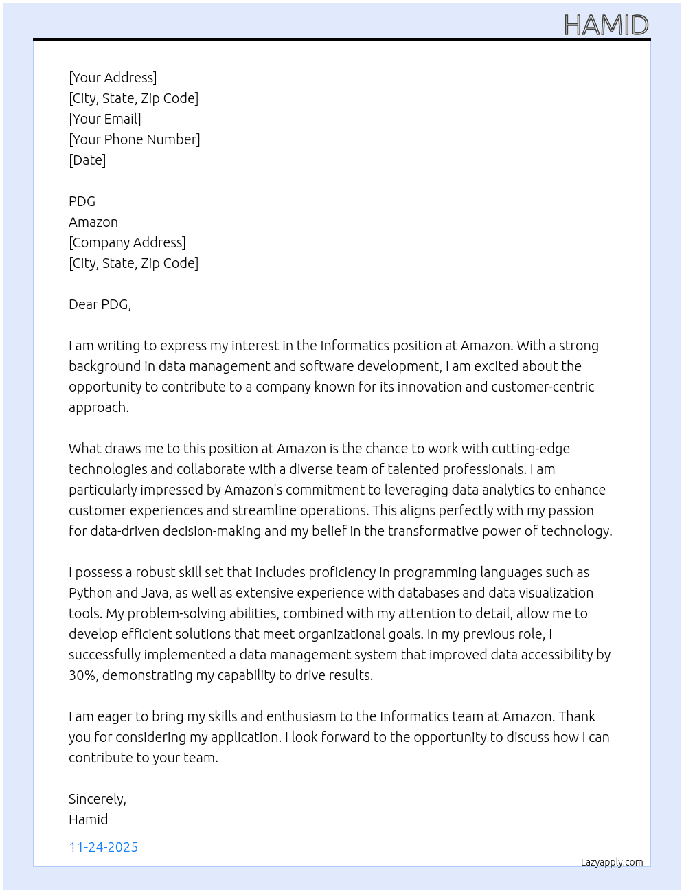informaticien At amazon Cover Letter