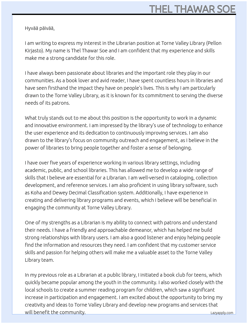 Librarian At Torne Valley Library (Pellon Kirjasto) Cover Letter