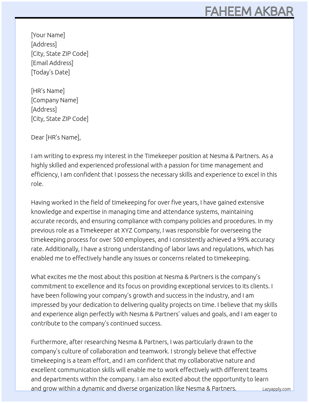 Timekeeper  At Nesma & Partners Cover Letter