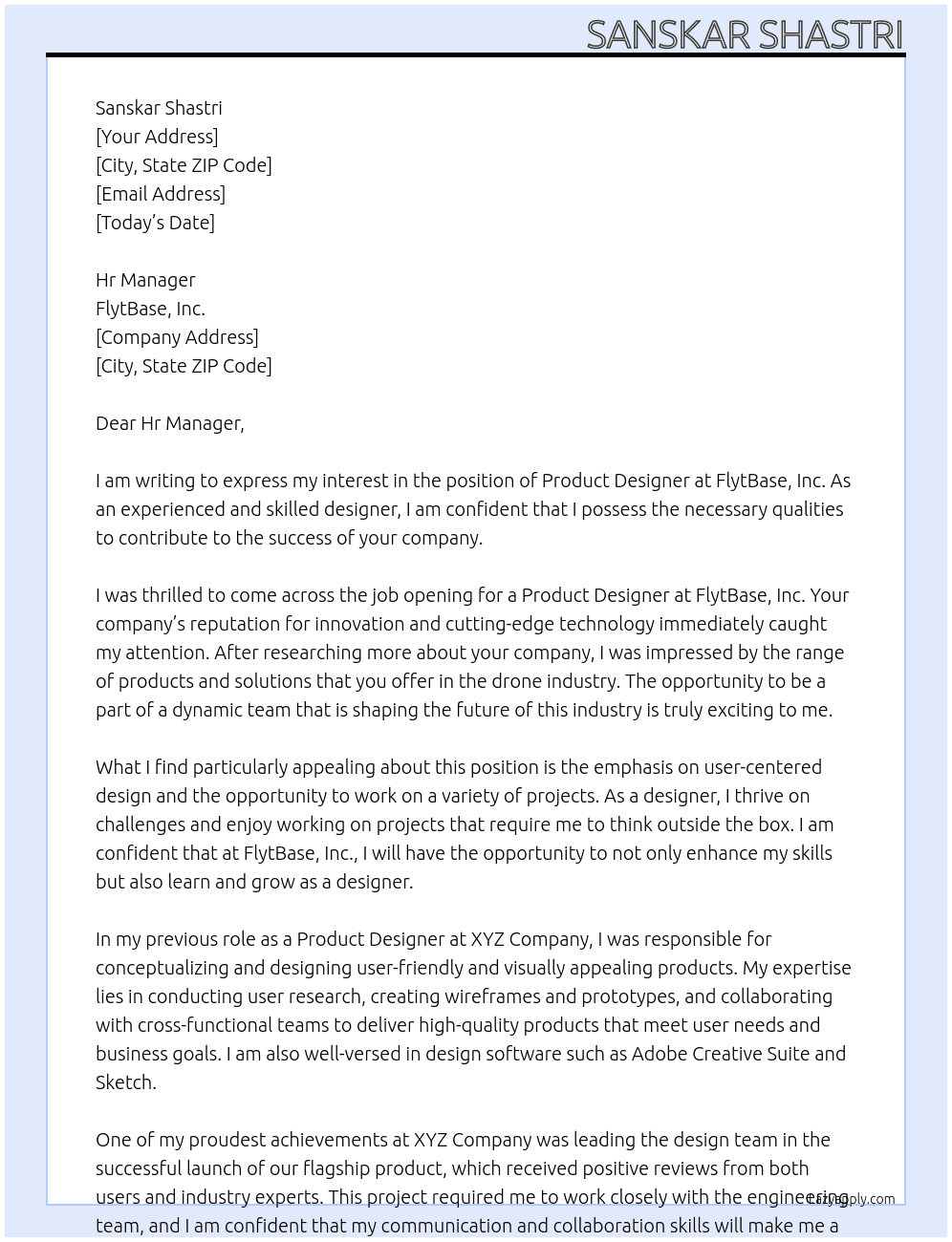 product designer At FlytBase, Inc. Cover Letter