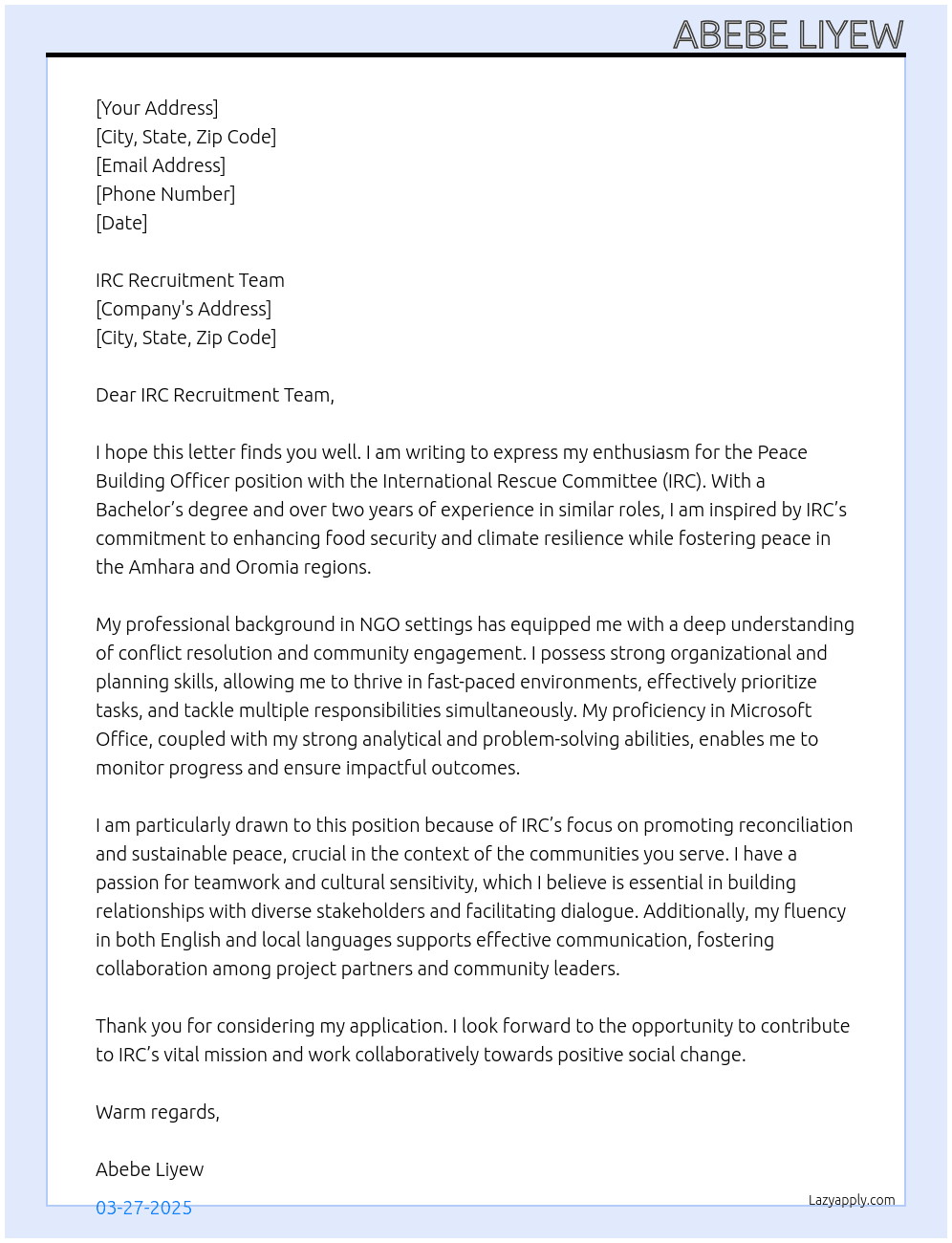 Peace Building Officer At IRC Cover Letter