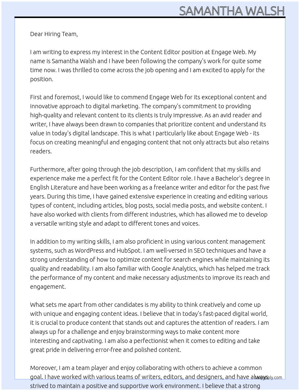Content Editor  At Engage Web Cover Letter