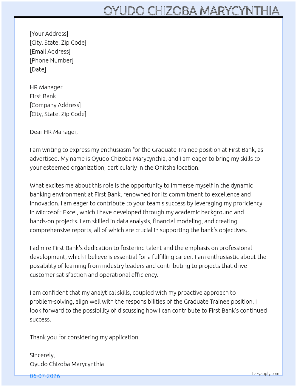 Graduate trainee At First Bank Cover Letter