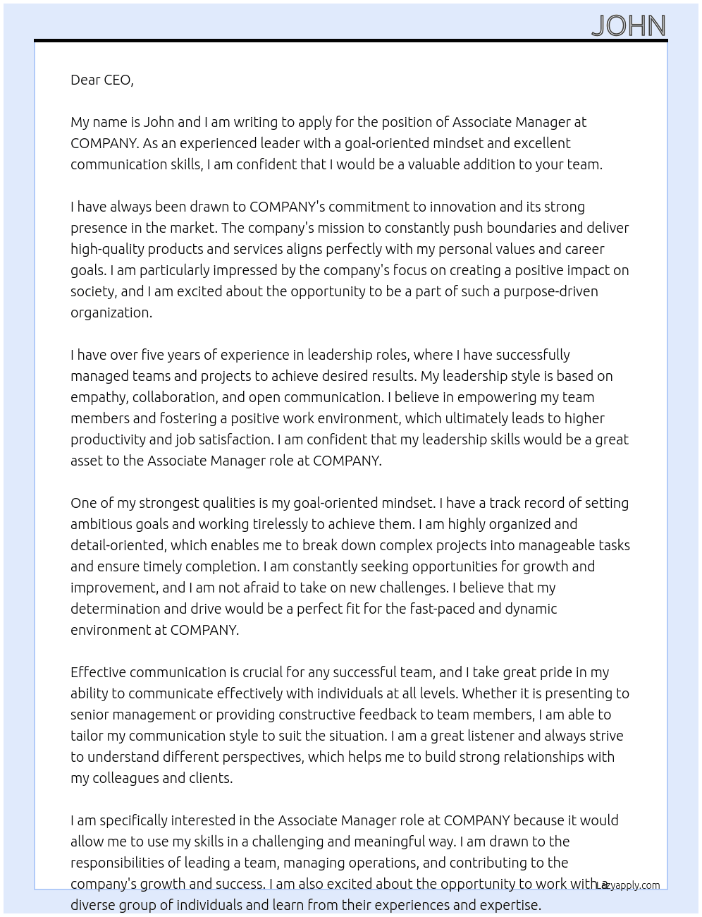 Associate Manager At COMPANY Cover Letter