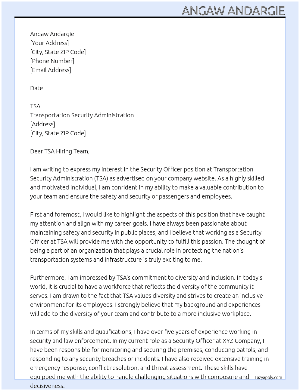 Security Officer At Transportation Security Administration Cover Letter